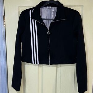 adidas Black, full zip, cropped Jacket with White Stripes